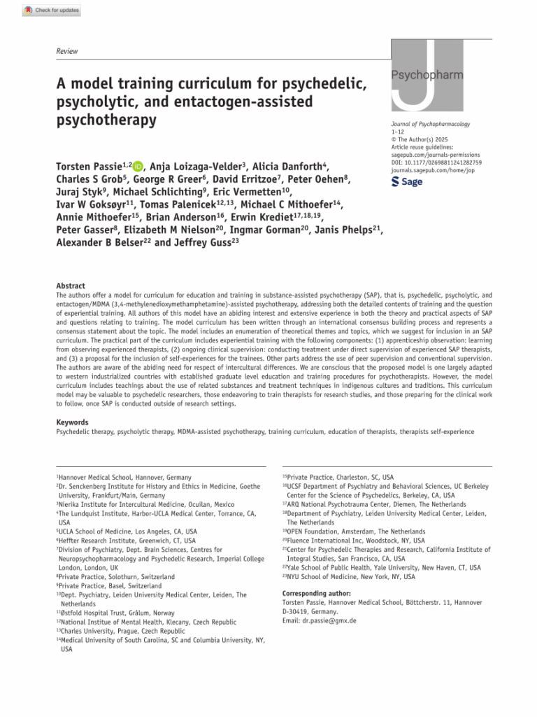 Cover page of scientific article on training in psychedelic therapy